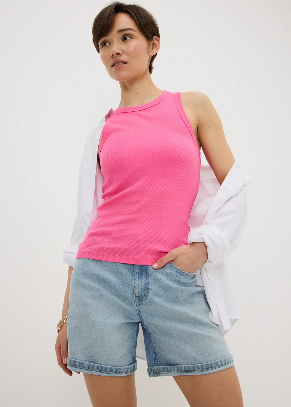Pink Ribbed High Neck Vest Top - 12 Image 1