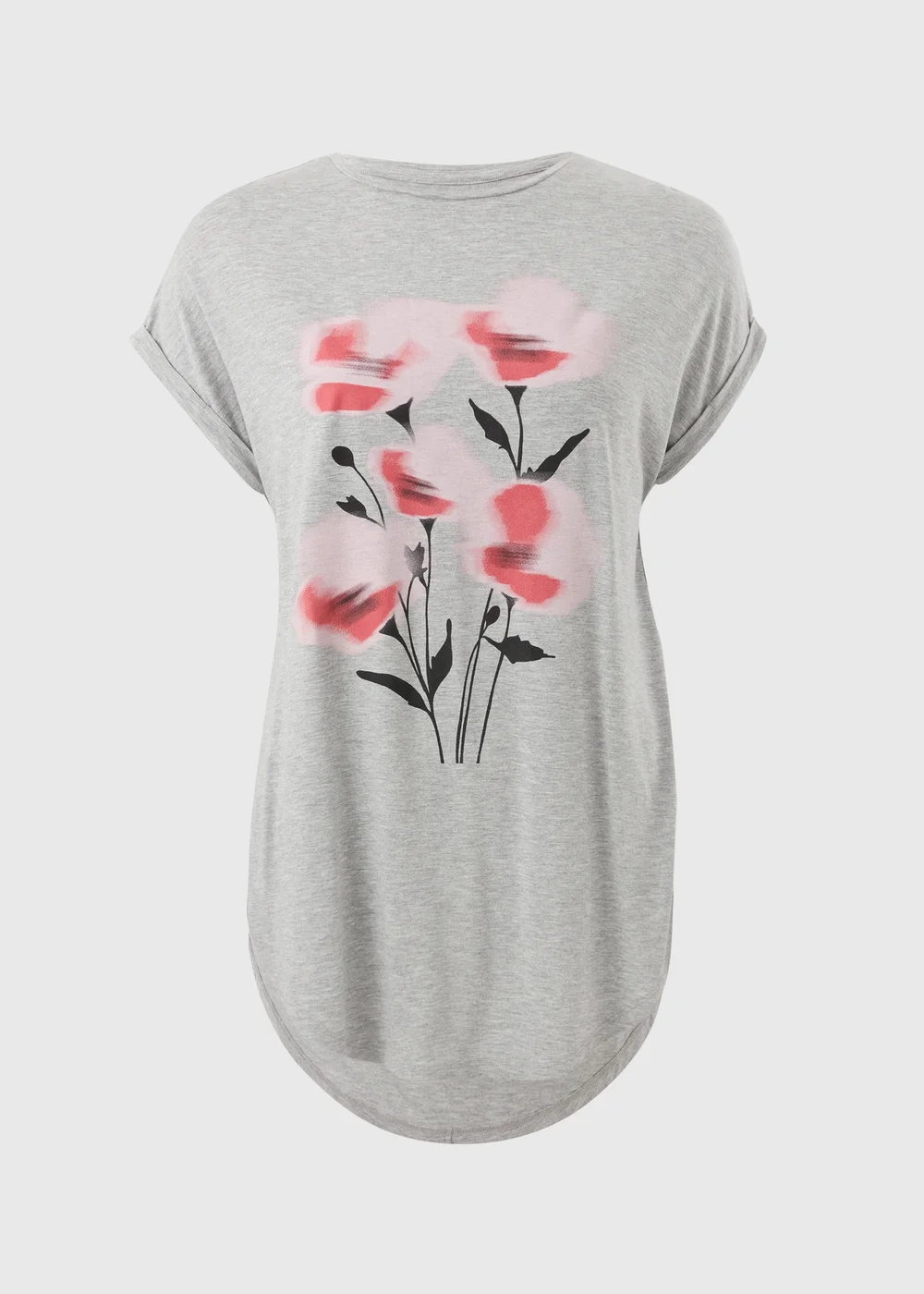 Grey Blurred Floral Longline T-Shirt - Small Image 1