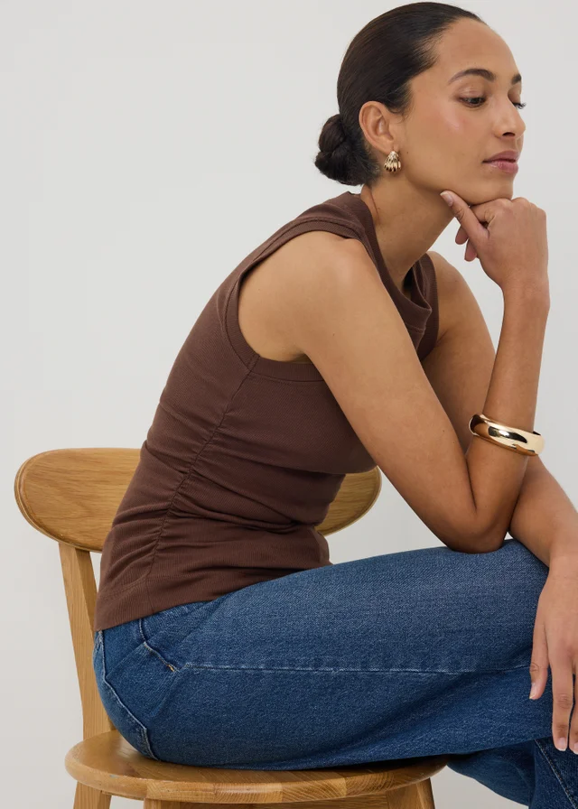 Chocolate Brown Ruched Side Ribbed Vest Top