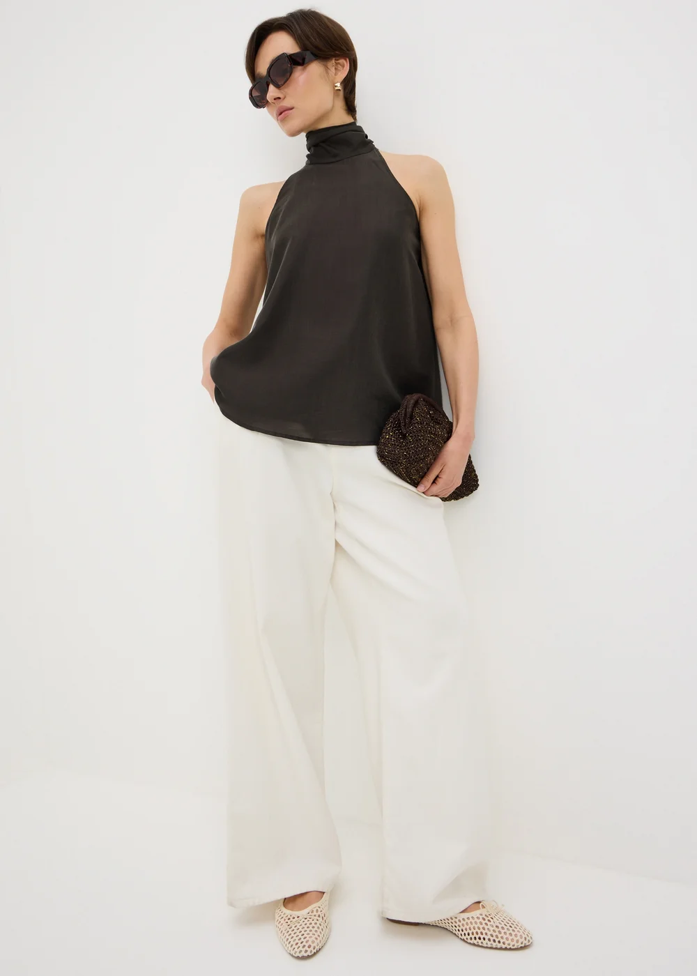 Et Vous Chocolate Brown Tie Halter Neck Vest Top - 22 Image 1