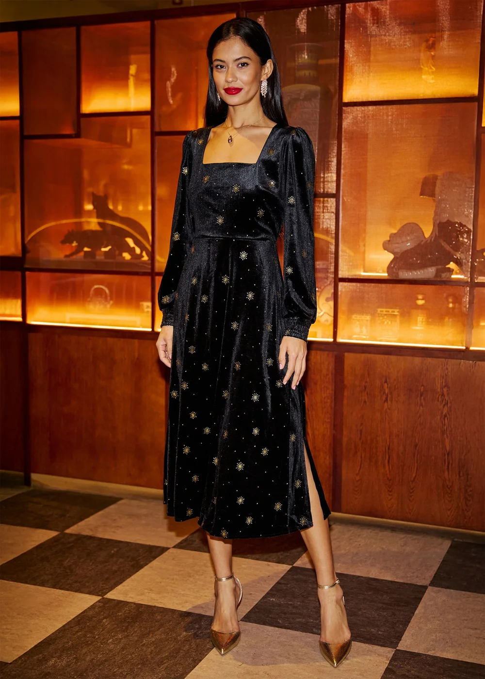 Yumi Black Velvet Midi Dress With Starburst Foil Print - 10 Image 1