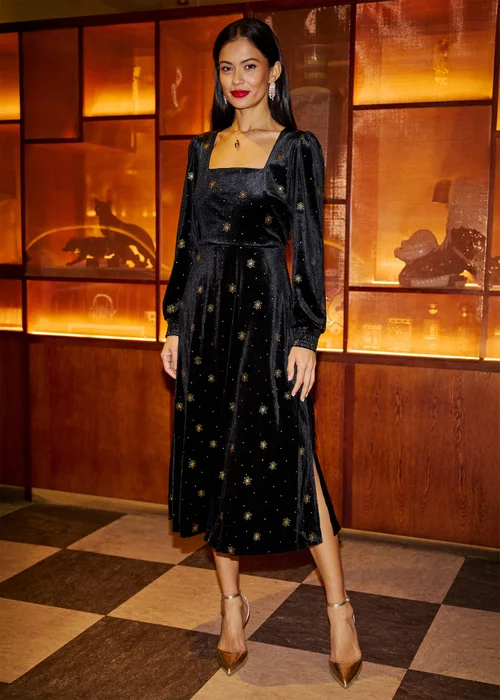 Yumi Black Velvet Midi Dress With Starburst Foil Print - 10 Image 1