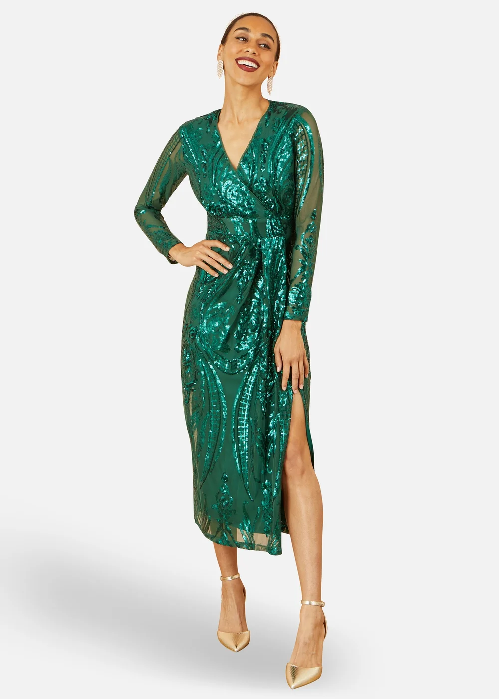 Yumi Green Sequin Midi Wrap Dress With Split Hemline & Long Sleeves - 14 Yumi Green Sequin Midi Wrap Dress With Split Hemline & Long Sleeves - 14