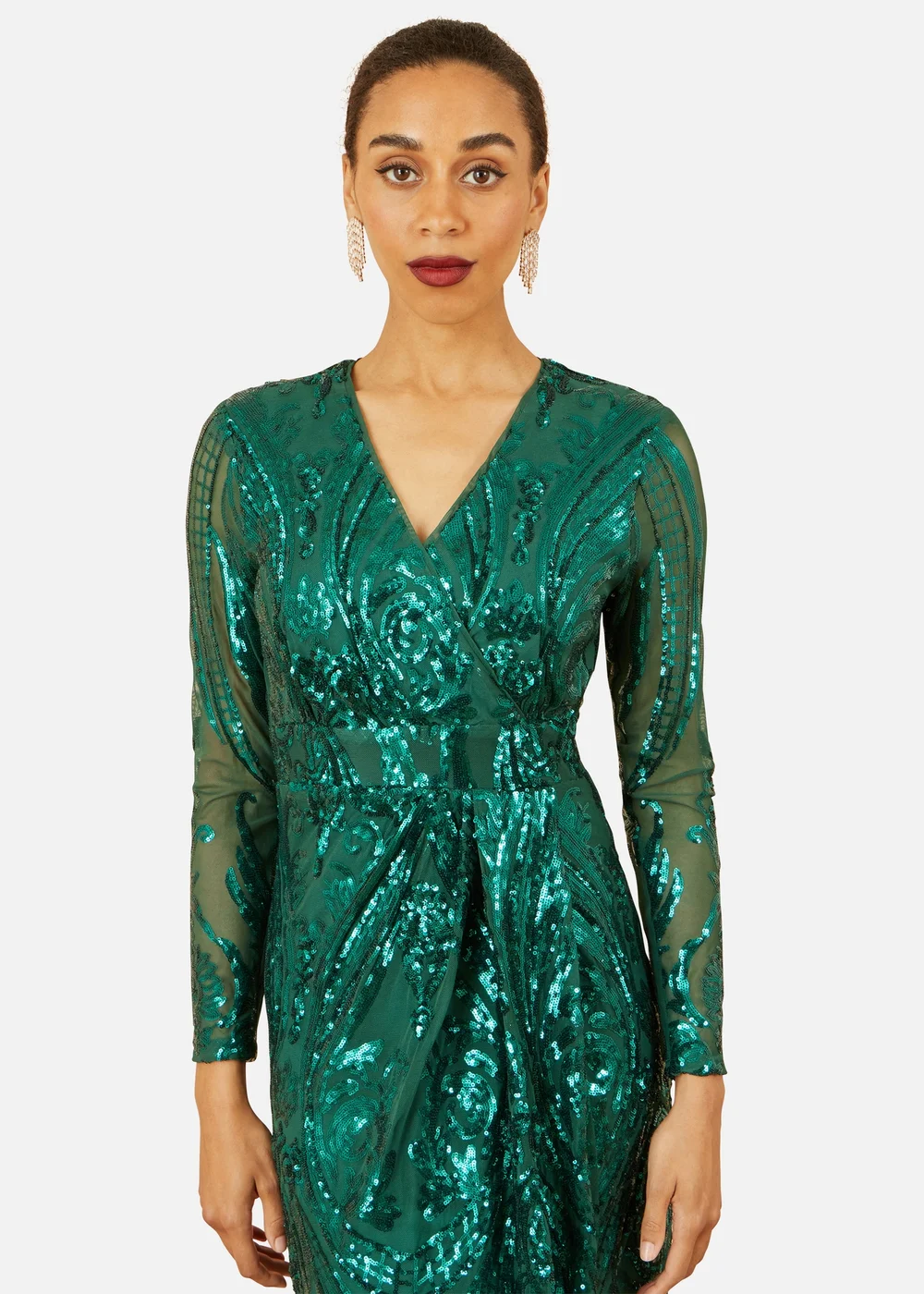 Yumi Green Sequin Midi Wrap Dress With Split Hemline & Long Sleeves - 14 Yumi Green Sequin Midi Wrap Dress With Split Hemline & Long Sleeves - 14