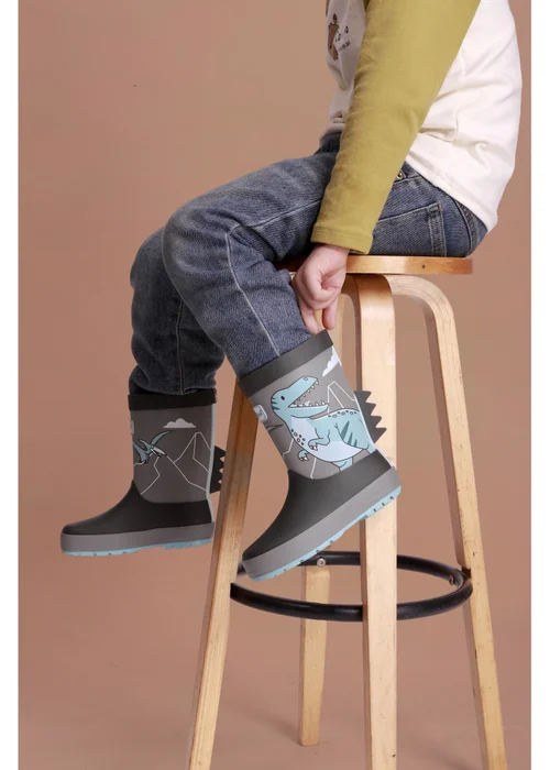 ToeZone Boys Grey Dinosaur Waterproof Wellies (Younger 6 - Older 12) - 10 Infants Image 4