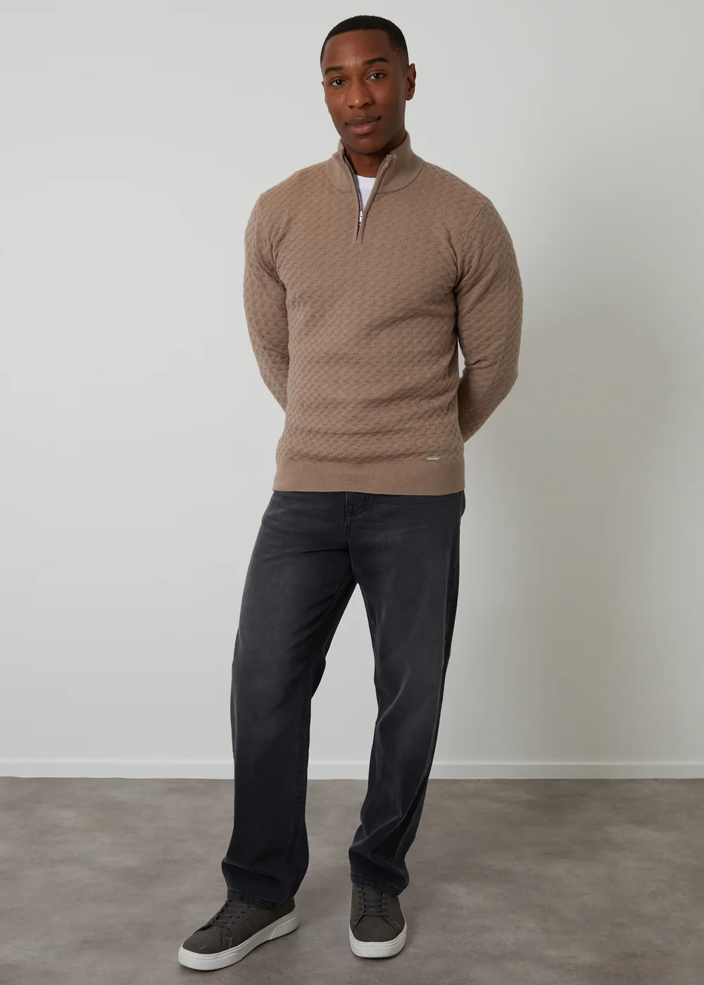 Threadbare Natural Textured Cable Knit Quarter Zip Jumper - M Image 3