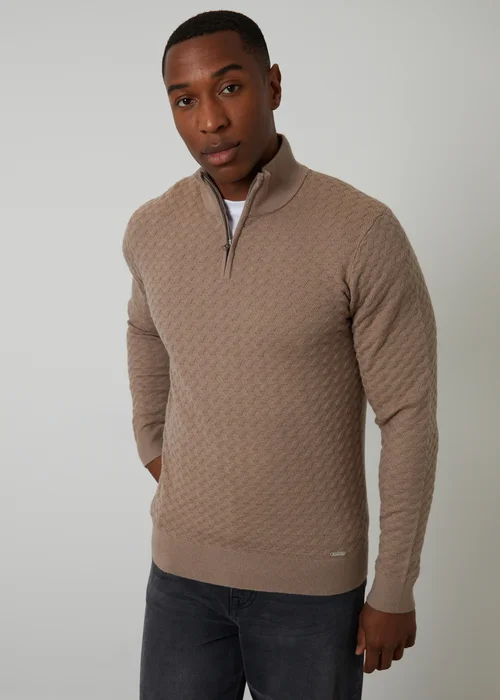Threadbare Natural Textured Cable Knit Quarter Zip Jumper - M Image 1