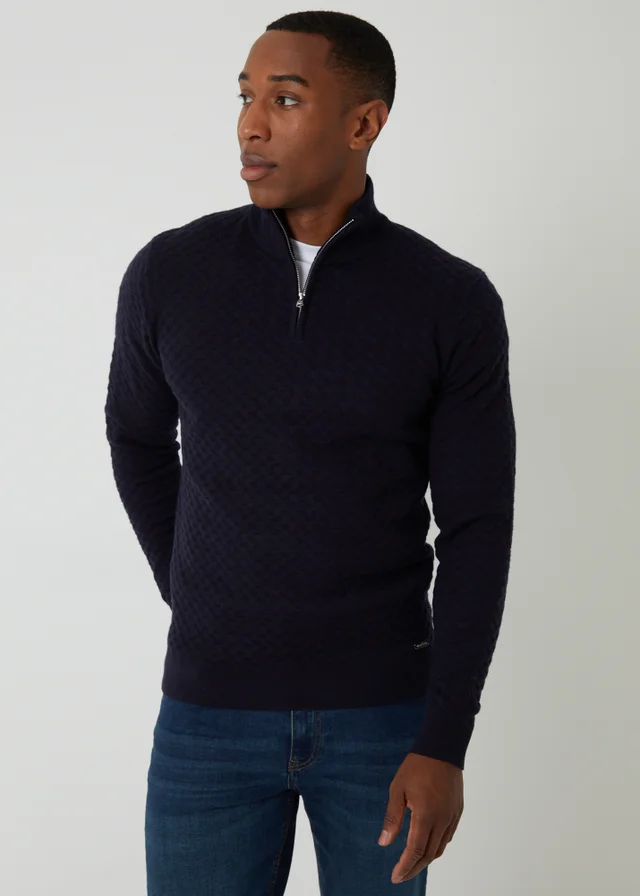 Threadbare Navy Textured Cable Knit Quarter Zip Jumper