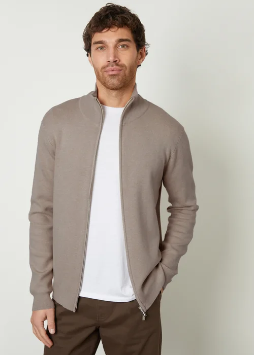 Threadbare Taupe Zip-Through Funnel Neck Knitted Cardigan - XXL Image 1
