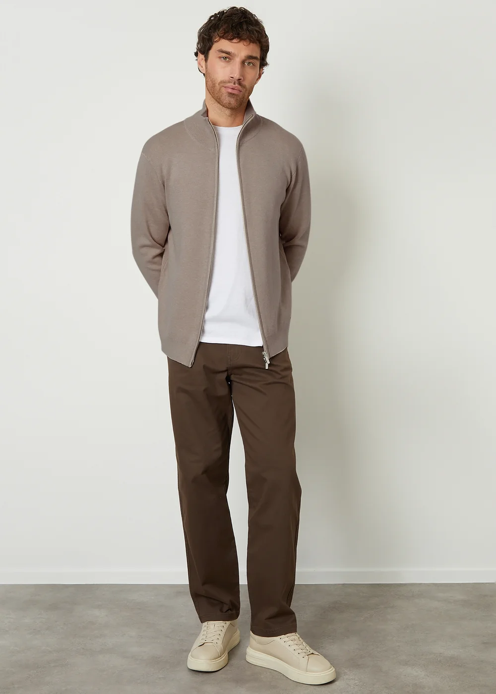 Threadbare Taupe Zip-Through Funnel Neck Knitted Cardigan - XXL Image 3