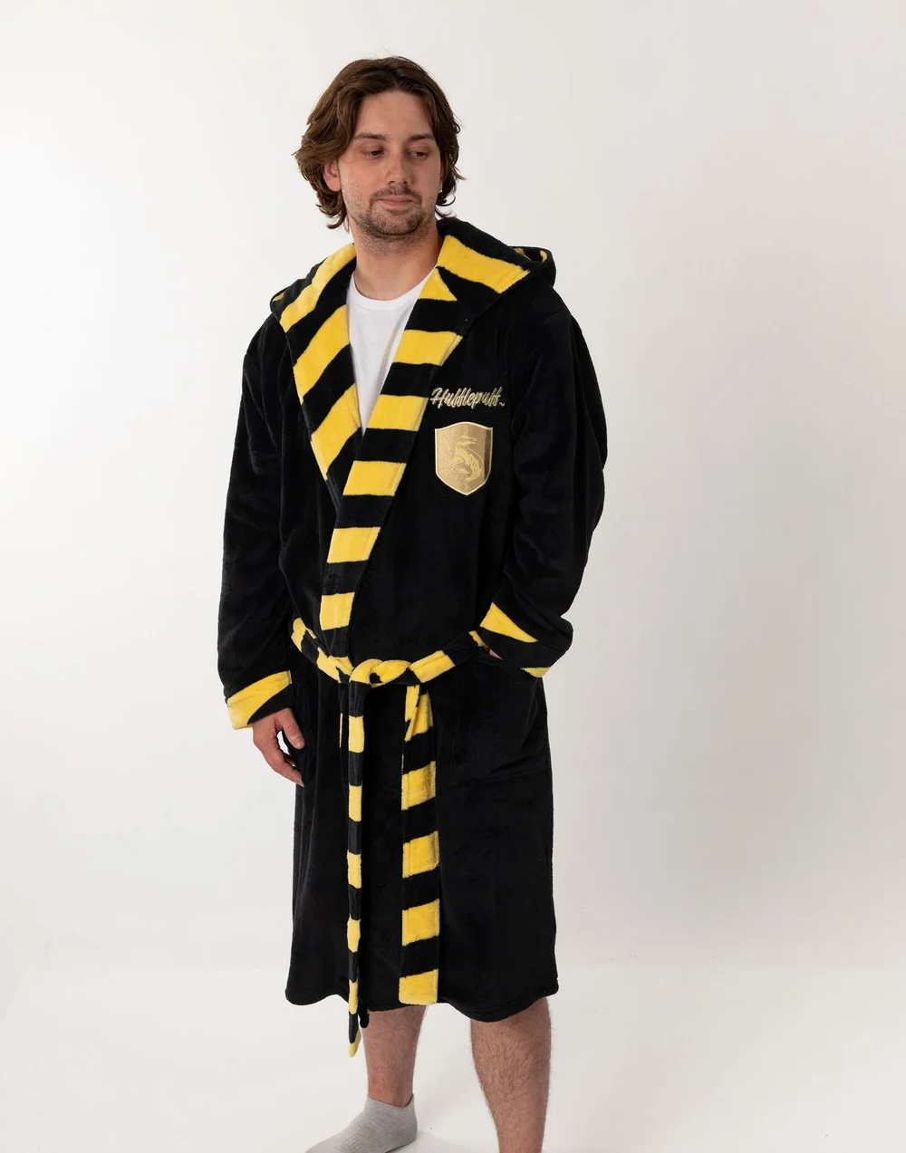 Vanilla Underground Harry Potter Hufflepuff Adults Black Hooded Bathrobe - Extra Large Image 3