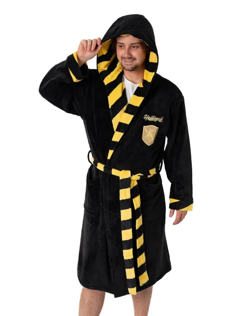 Vanilla Underground Harry Potter Hufflepuff Adults Black Hooded Bathrobe - Extra Large Image 1