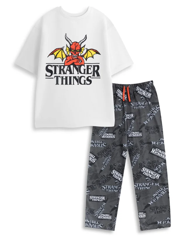 Vanilla Underground Stranger Things Logo Adults White S/Sleeve Long Leg Pyjama Set