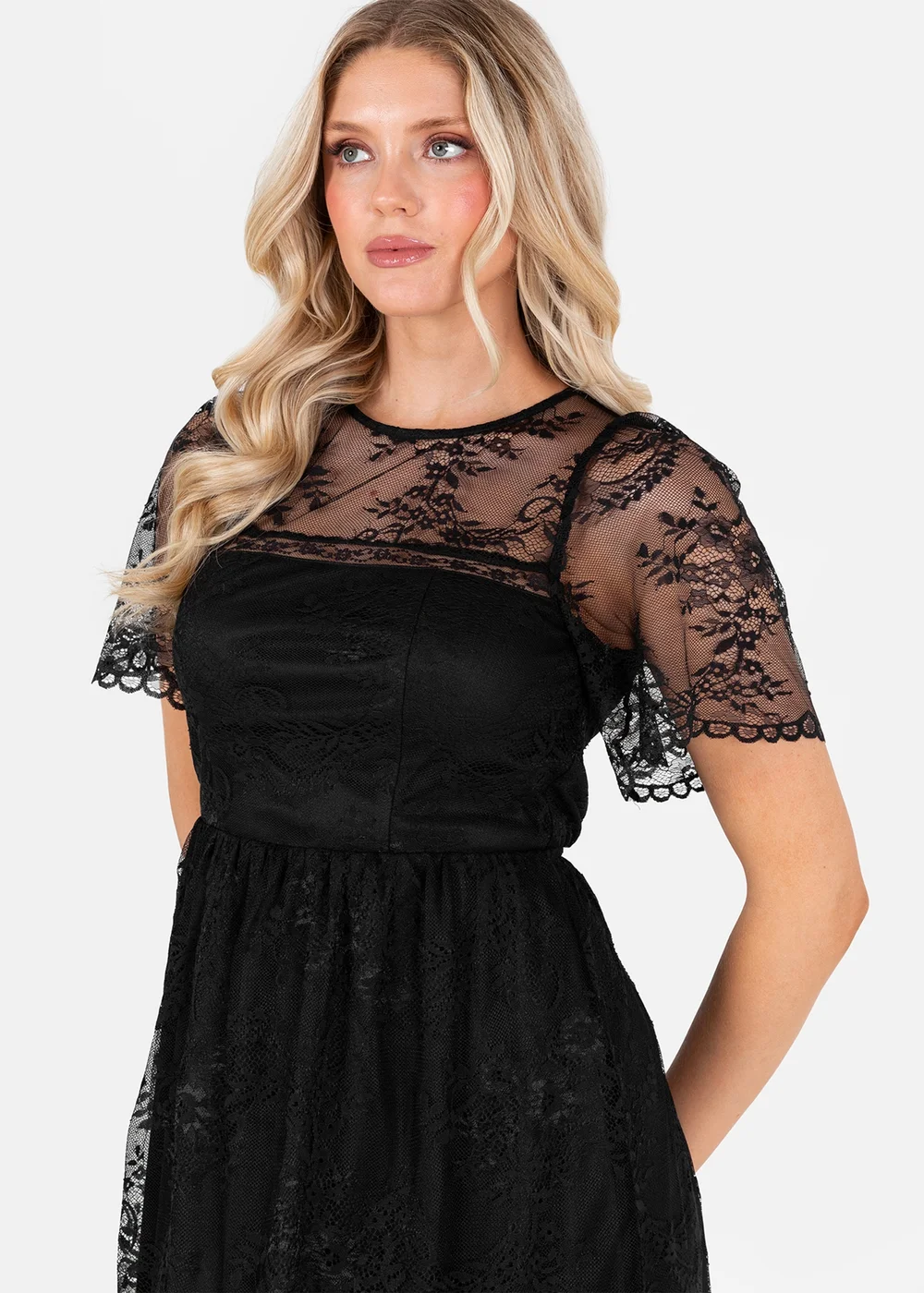Lovedrobe Black Short Sleeve Lace Midi Dress - 22 | Matalan Lovedrobe Black Short Sleeve Lace Midi Dress - 22 | Matalan