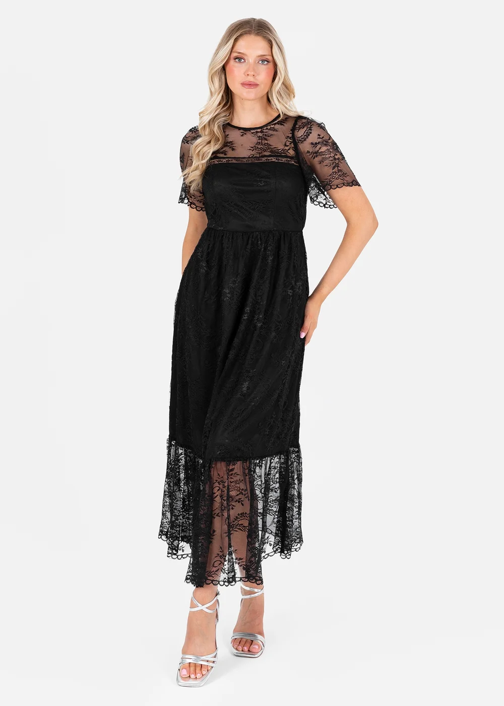 Lovedrobe Black Short Sleeve Lace Midi Dress - 22 | Matalan Lovedrobe Black Short Sleeve Lace Midi Dress - 22 | Matalan