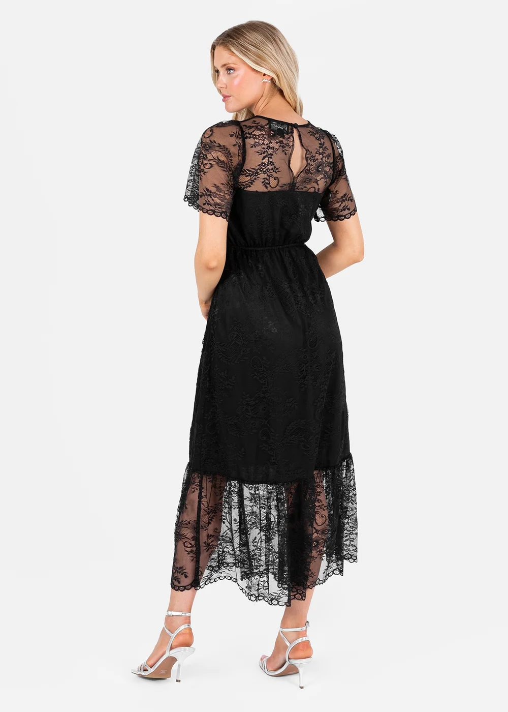 Lovedrobe Black Short Sleeve Lace Midi Dress - 22 Lovedrobe Black Short Sleeve Lace Midi Dress - 22