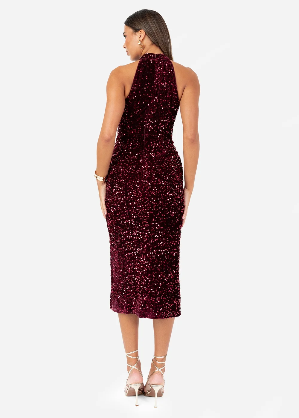 Maya Deluxe Burgundy Embellished Velvet Halter Neck Midi Dress - 12 Maya Deluxe Burgundy Embellished Velvet Halter Neck Midi Dress - 12