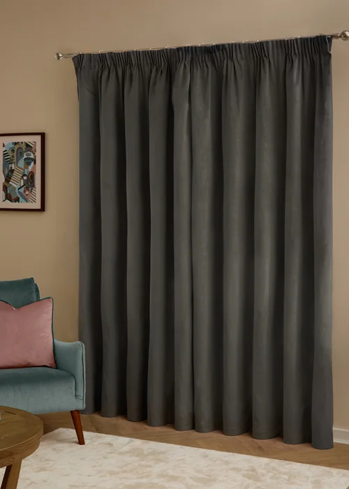 Furn The Ultimate Velvet Blackout Pencil Pleat Curtain Pair Charcoal - 46W X 54D (117x137cm Image 3