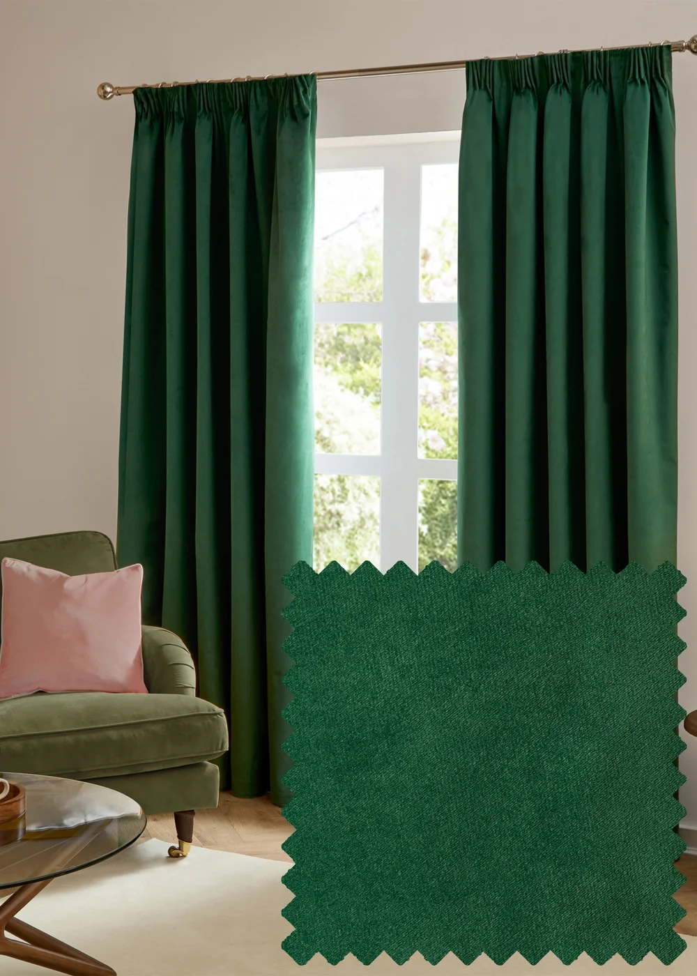 Furn The Ultimate Velvet Blackout Pencil Pleat Curtain Pair Emerald - 46W X 54D (117x137cm Image 1