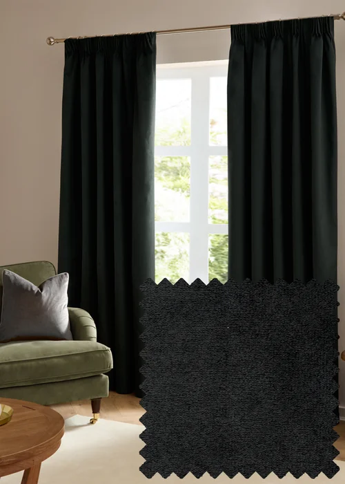 Furn The Ultimate Velvet Room Darkening Pencil Pleat Curtain Pair Black - 46W X 54D (117x137cm Image 1