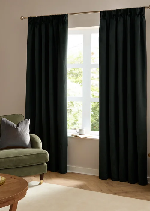 Furn The Ultimate Velvet Room Darkening Pencil Pleat Curtain Pair Black - 46W X 54D (117x137cm Image 2