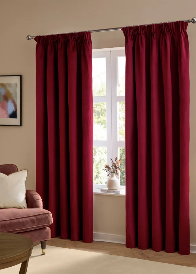 Furn The Ultimate Velvet Room Darkening Pencil Pleat Curtain Pair Burgundy