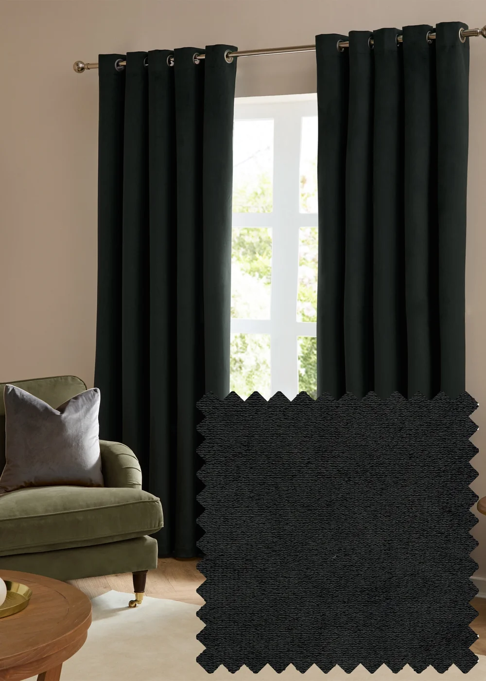 Furn The Ultimate Velvet Room Darkening Eyelet Curtain Pair Black - 46W X 54D (117x137cm Image 1