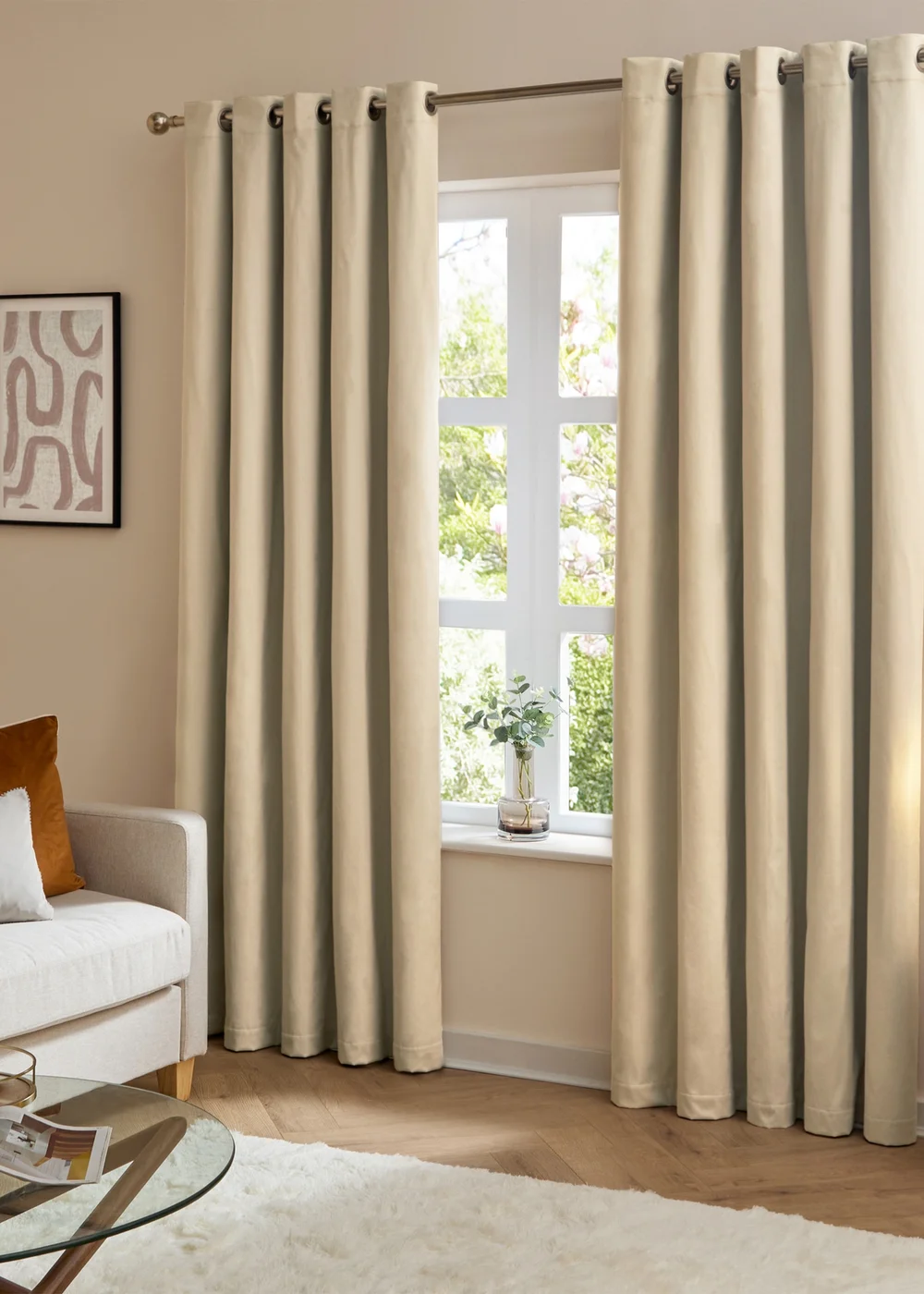 Furn The Ultimate Velvet Room Darkening Eyelet Curtain Pair Natural - 46W X 54D (117x137cm Image 2