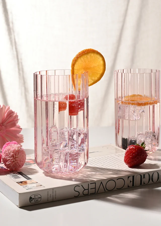 Hestia Bright Pink Scalloped Glass Tumblers Large Set of 2