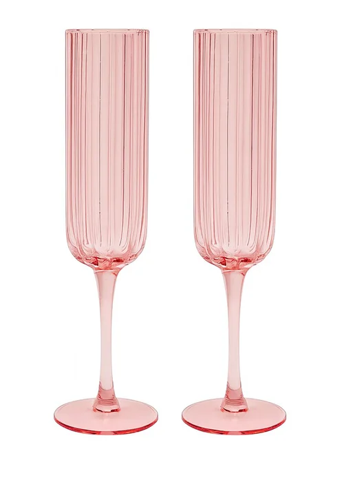 Hestia Bright Pink Scalloped Glass Champagne Flutes Set of 2 - One Size Image 2