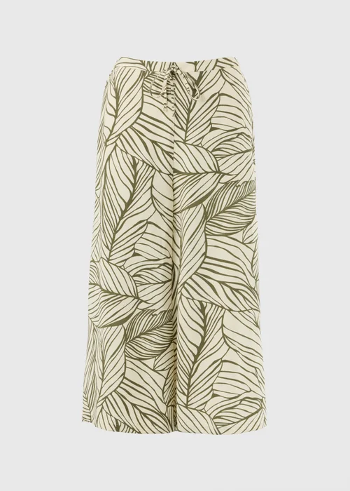 Khaki Leaf Print Twill Wide Leg Culotte Trousers - 18 Image 4