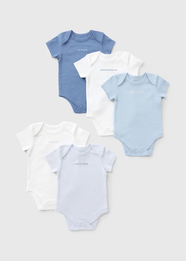 5 Pack Baby Blue Slogan Bodysuits (0-23mths)