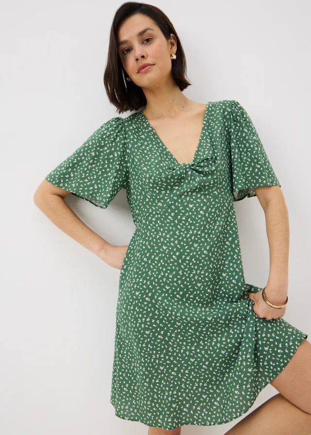 Green Ditsy Floral Print Mini Tea Dress