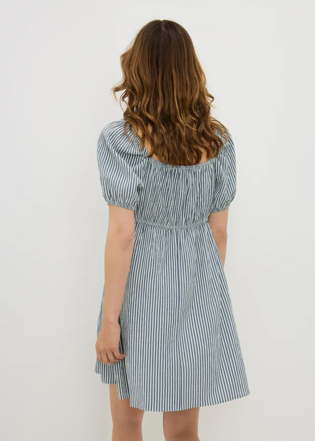 Blue Stripe Shirred Tie Waist Mini Dress