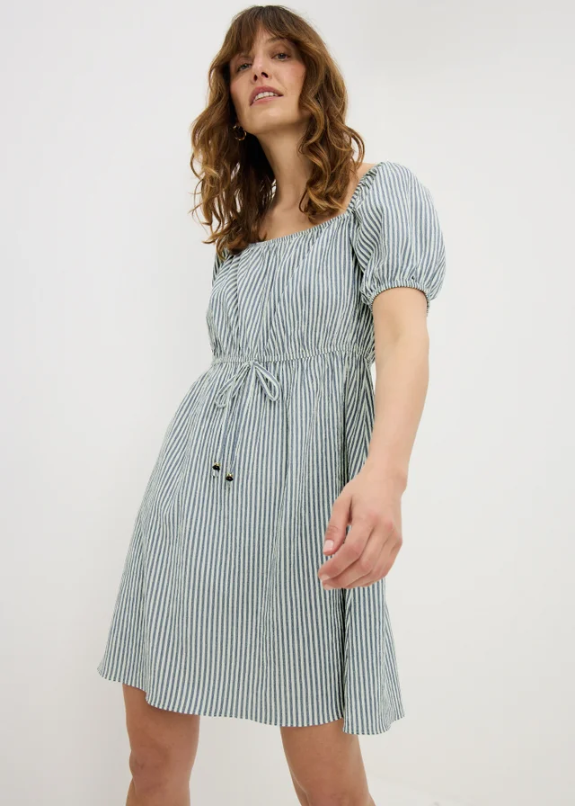 Blue Stripe Shirred Tie Waist Mini Dress