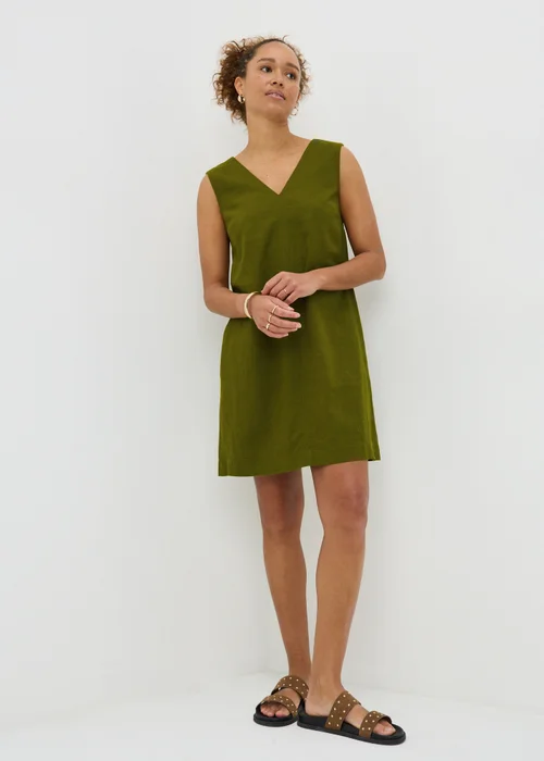 Olive V-Neck Linen Rich Mini Dress - Size 8 Image 1