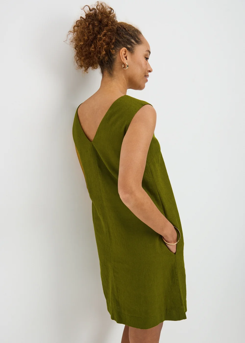 Olive V-Neck Linen Rich Mini Dress - Size 8 Image 2