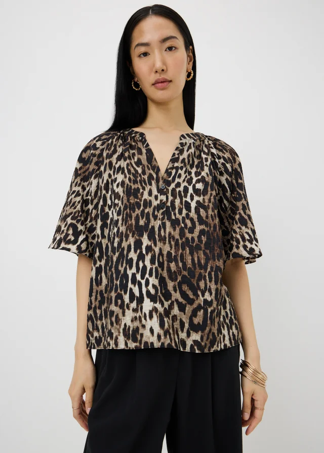 Brown Animal Print Popover Blouse