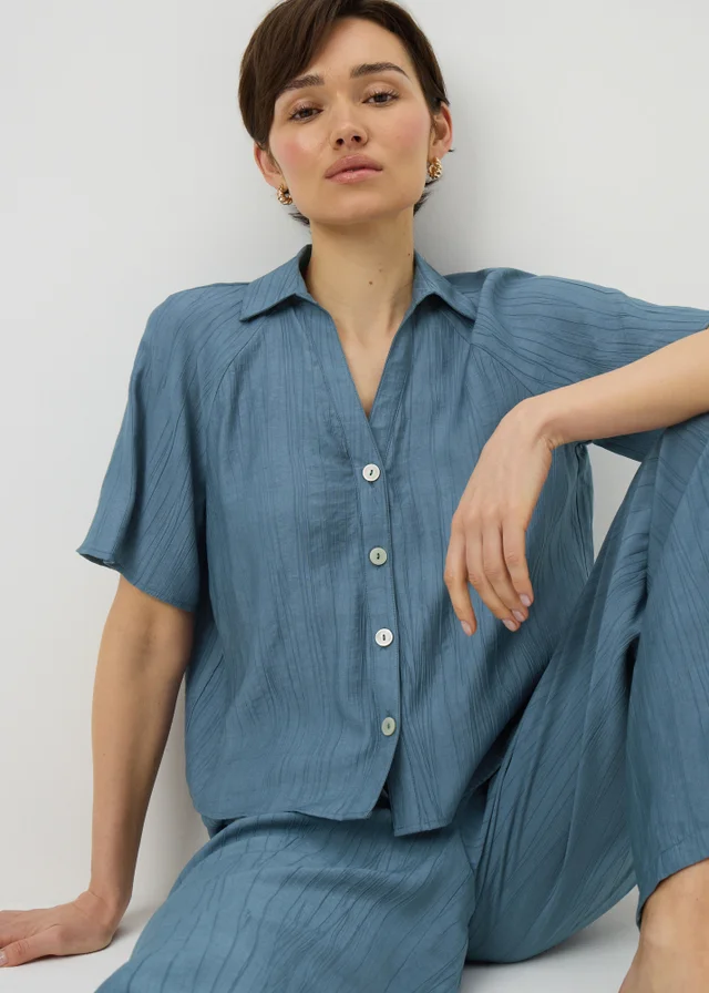 Blue Crinkle Textured Co Ord Shirt
