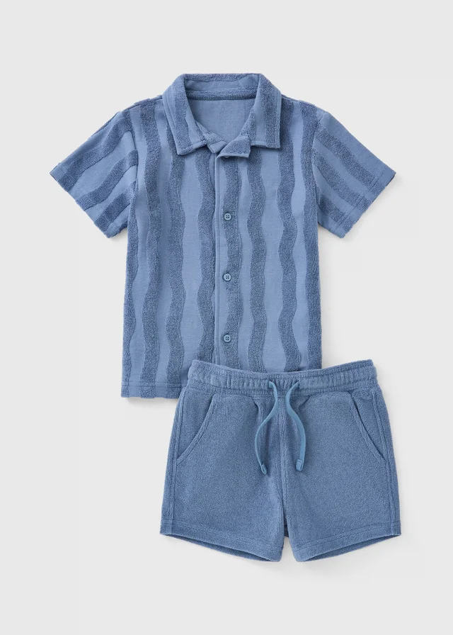 Boys Blue Wave Textured Shirt & Short Set (1-7yrs)