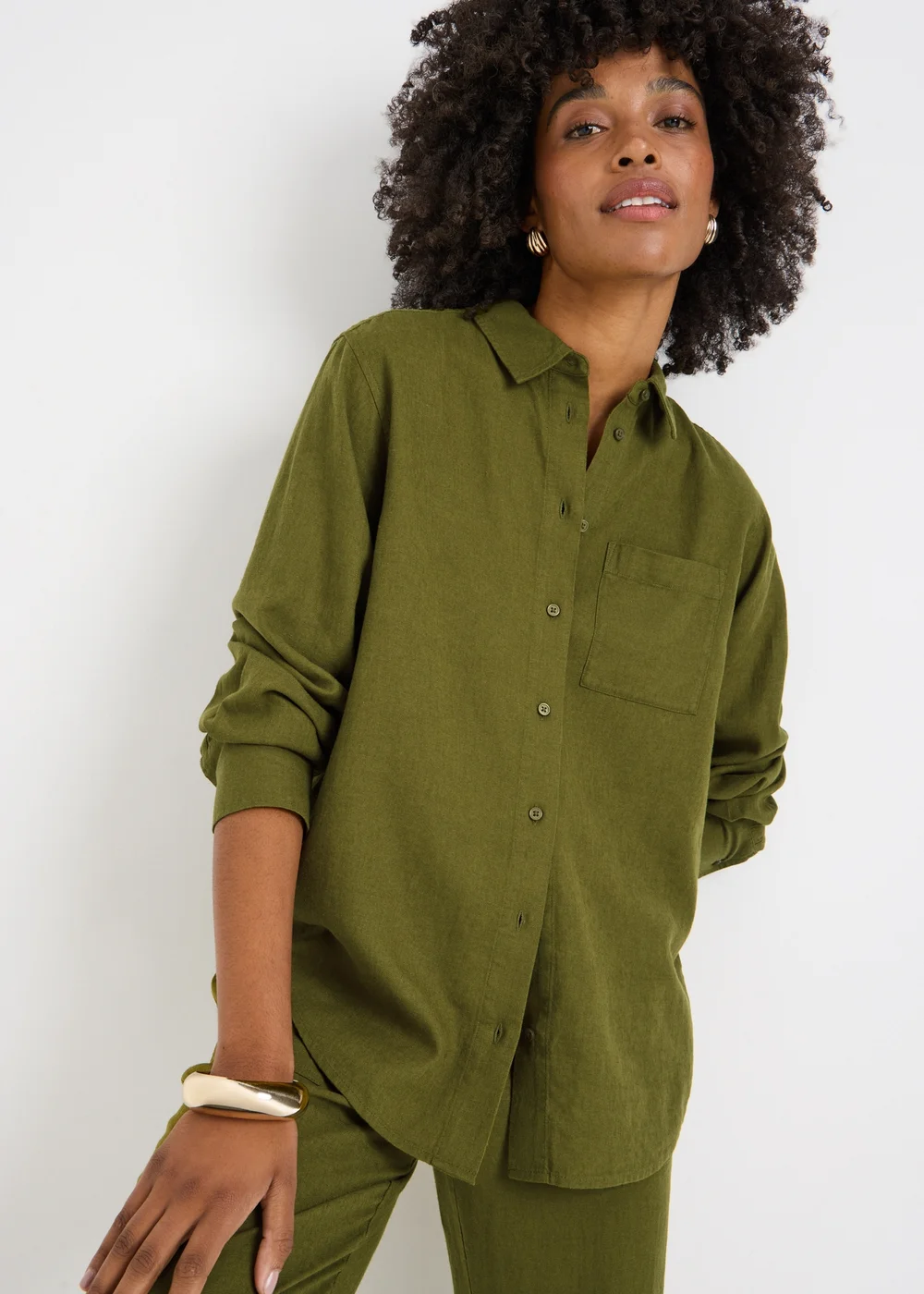 Olive Linen Blend Co Ord Shirt - 10 Image 1