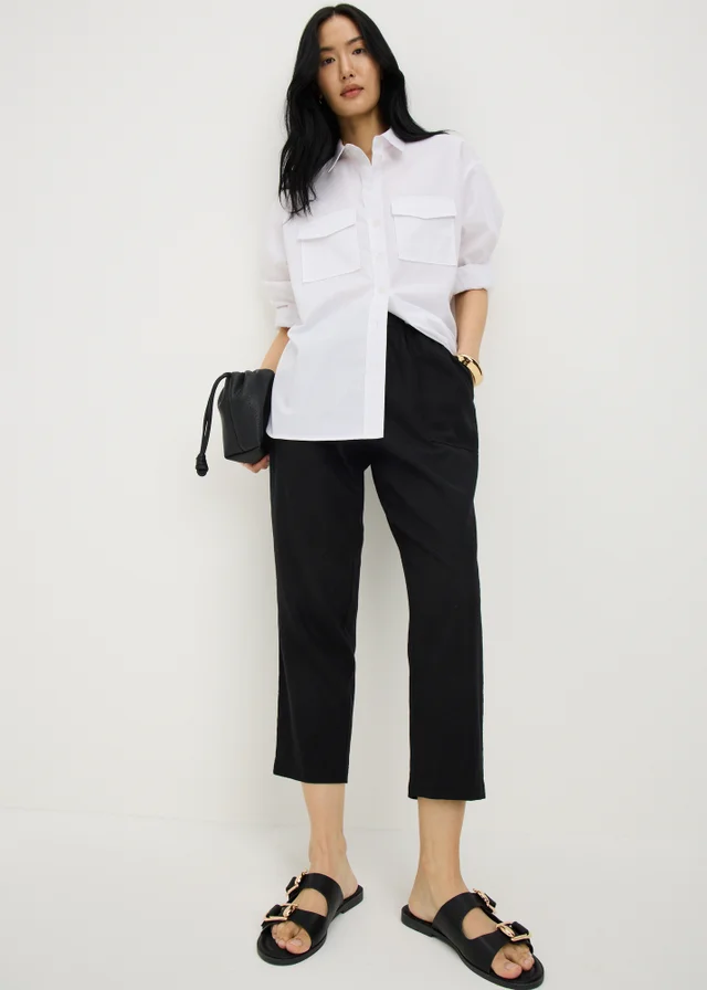 Black Linen Blend Tapered Cropped Trousers