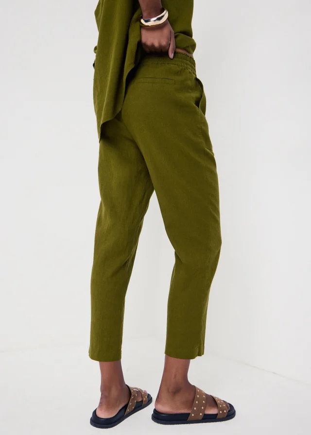 Olive Linen Blend Tapered Cropped Co Ord Trousers
