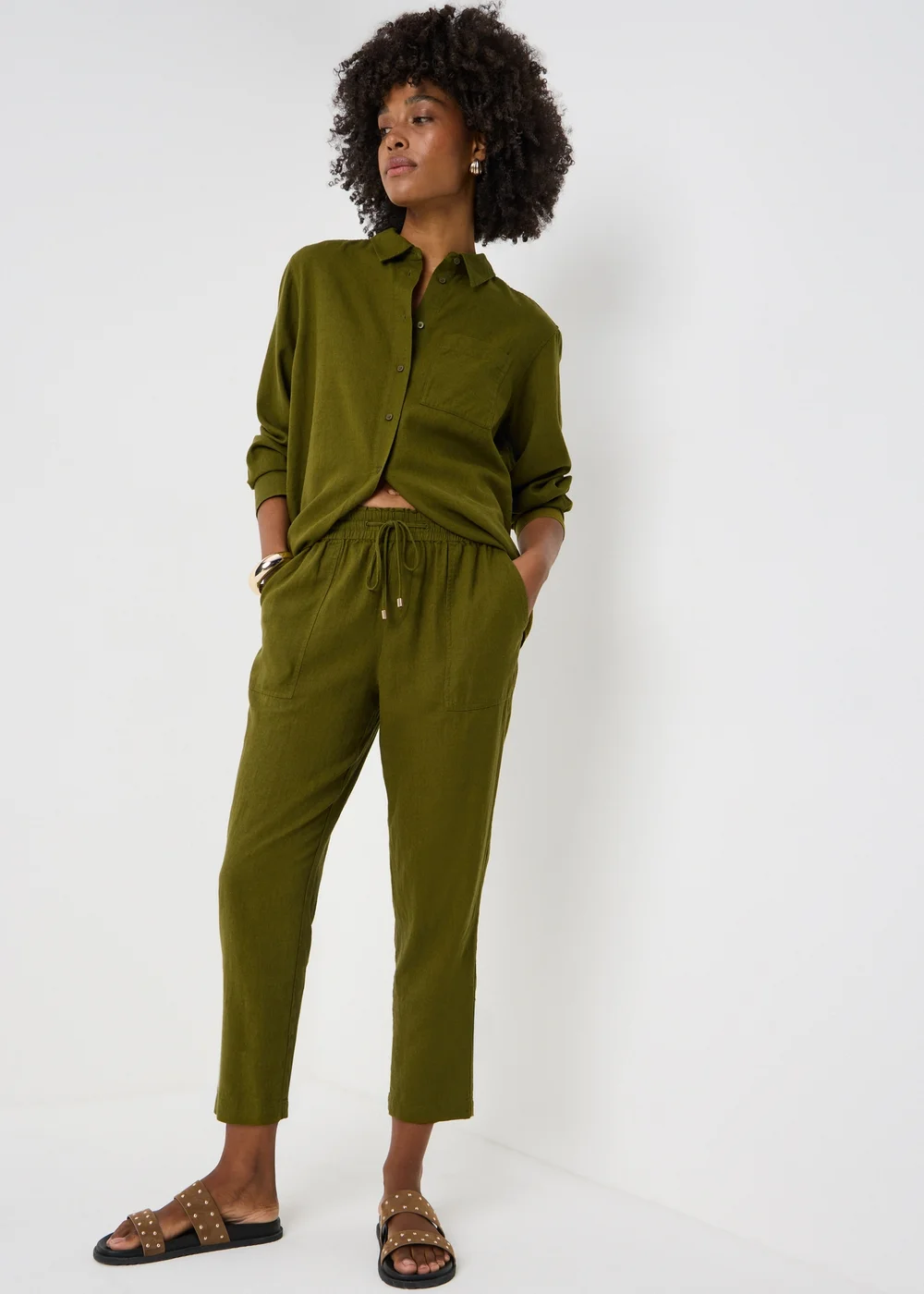 Olive Linen Blend Tapered Cropped Co Ord Trousers - 22 Image 1