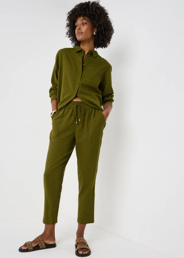 Olive Linen Blend Tapered Cropped Co Ord Trousers