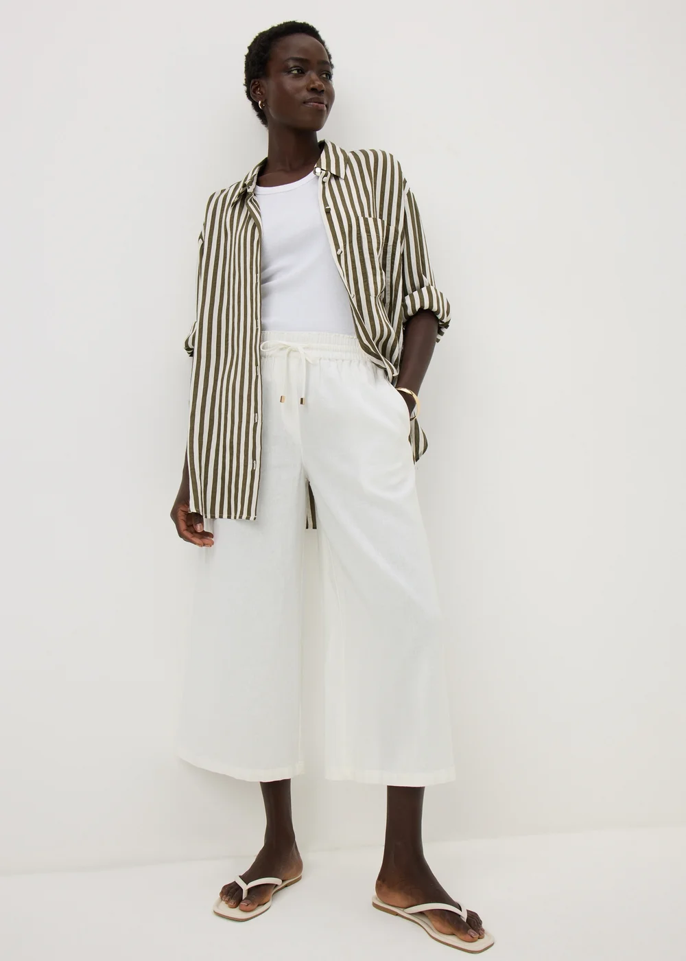White Linen Blend Wide Leg Crop Trousers - 12 Image 1