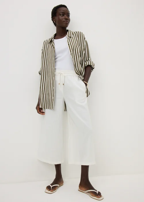White Linen Blend Wide Leg Crop Trousers - 12 Image 1