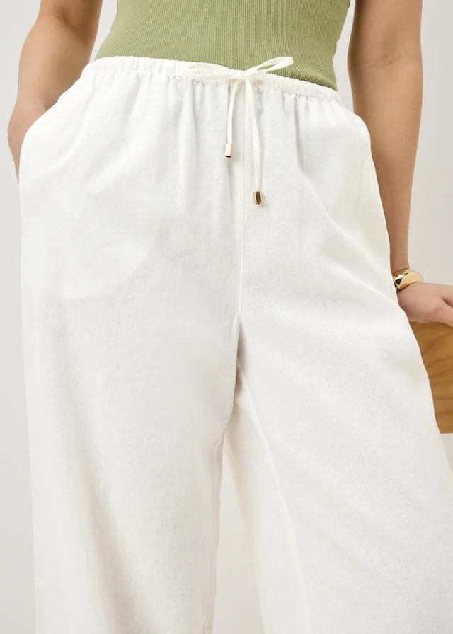 White Linen Blend Wide Leg Trousers