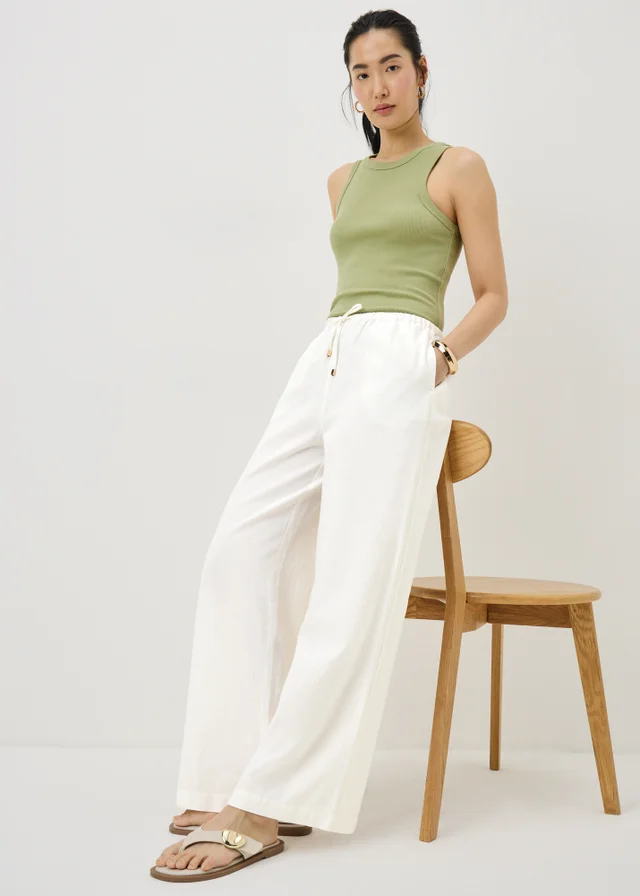 White Linen Blend Wide Leg Trousers