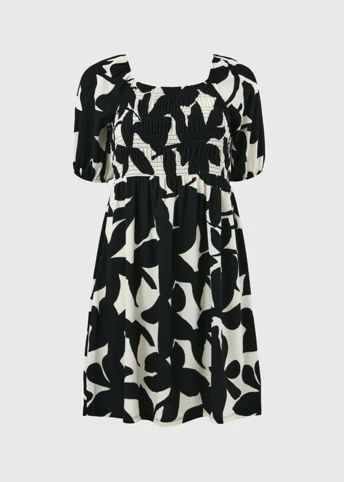 Black Abstract Floral Shirred Mini Dress - 8 Image 4